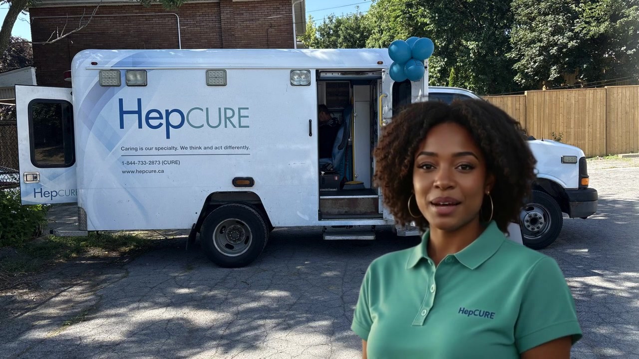 A HepCURE outreach worker beside our mobile clinic